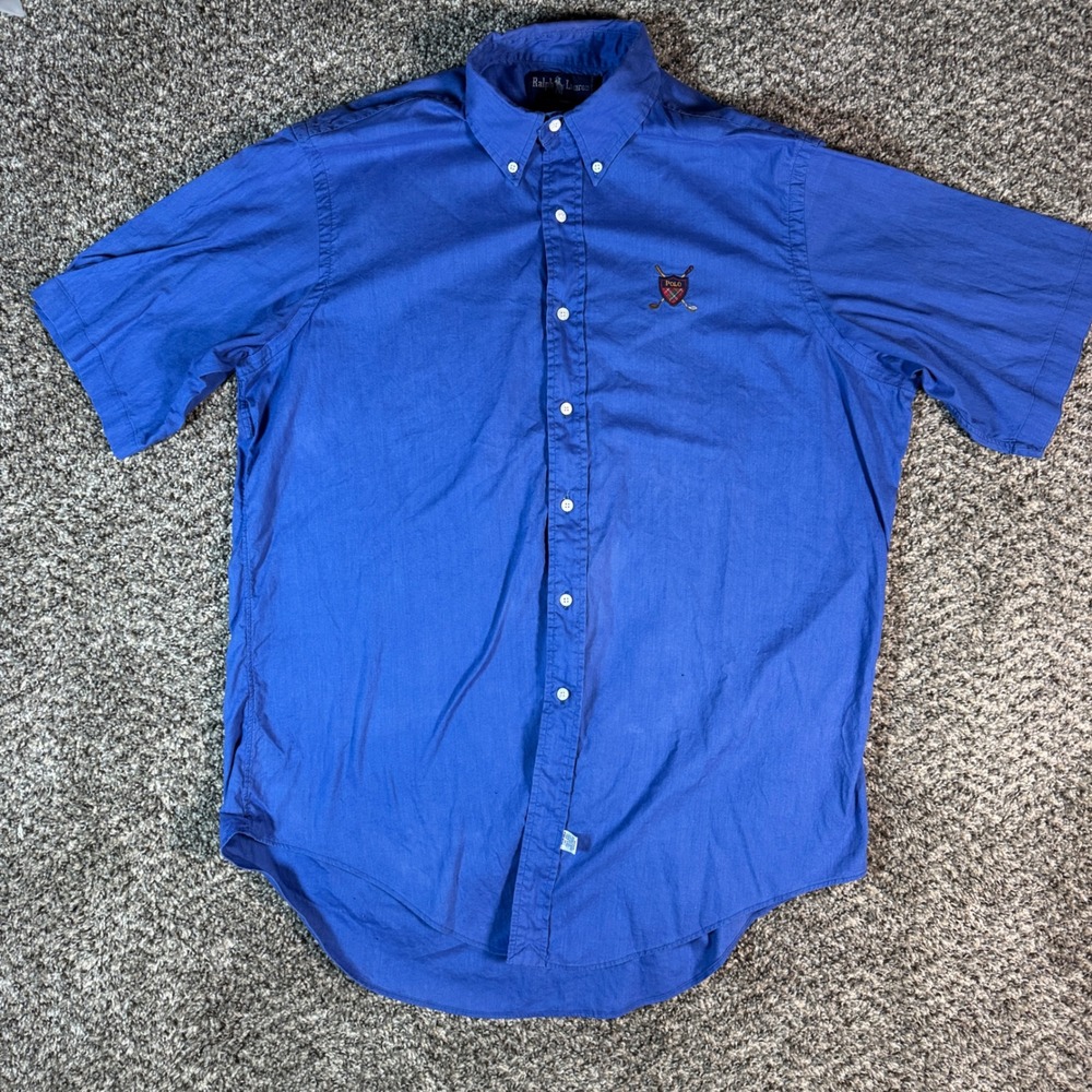 Ralph Lauren Mens L Blue Madras Short Sleeve Button Down Golf Crest Logo Shirt